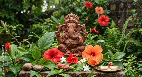 Terracotta Ganesha Statue with Vibrant Hibiscus and Jasmine Flowers in a Lush Green Garden, Symbolizing Spirituality and Nature