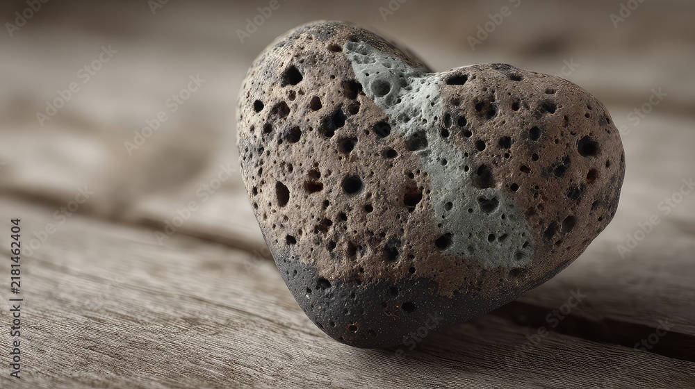 Textured Heart-Shaped Lava Stone on Wooden Surface Background