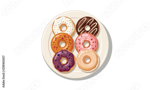 Assorted Glazed 6 Donuts on a Plate Vector, Plate of Glazed Doughnuts Illustration, Sweet Doughnuts Bakery Pastry Collection, Six Donut Pastry Graphic