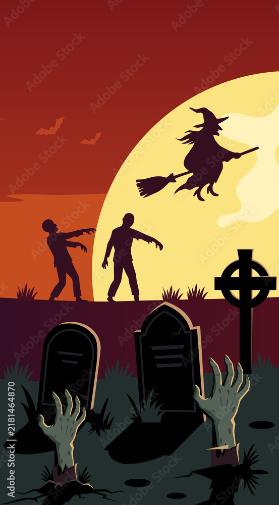 Naklejka premium Happy Halloween poster illustration spooky graveyard with zombie hands rising from ground grave, walking zombies, tombstone, flying witch, ghosts, bats and large full moon on night blood sky.