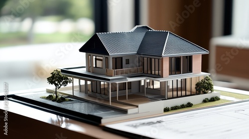 drafting. A detailed architectural model house on a drafting table. real-estate listings, architecture portfolios, designed for interior renovation comparisons for interiors.