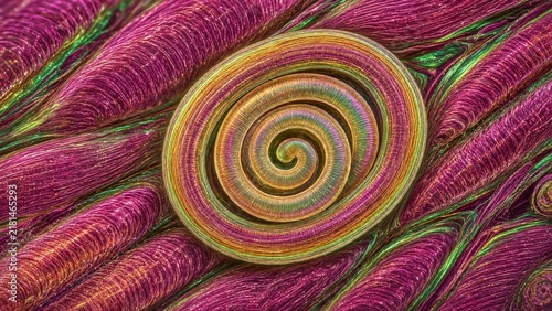 Microscopic butterfly proboscis spiral texture showing iridescent golden coiled mouthpart array and magenta scale background
