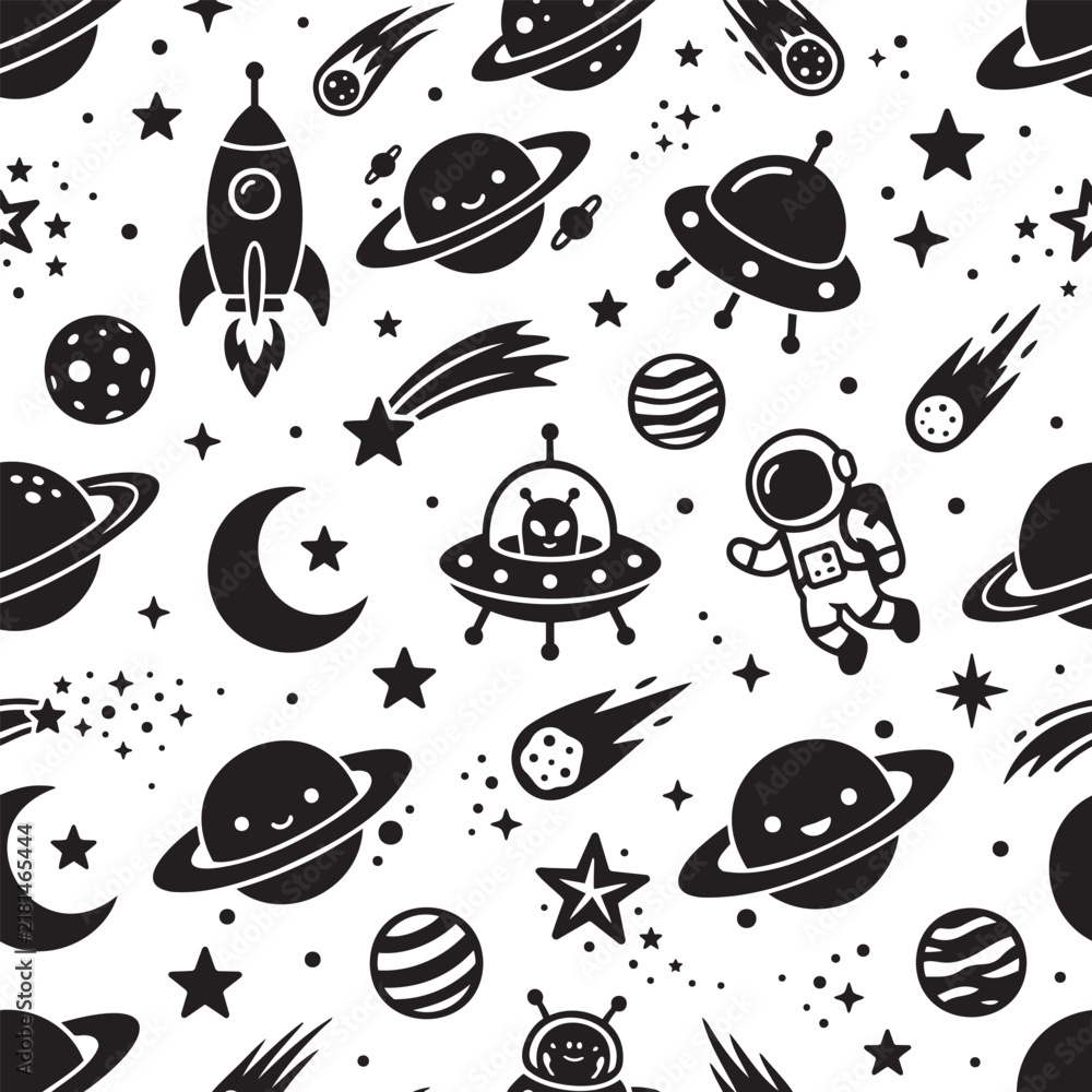 Fototapeta premium Outer Space Seamless Pattern Vector Background with Astronaut Planets Rockets and UFO Motifs.