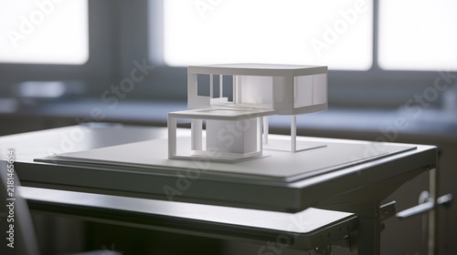 drafting. A detailed architectural model house on a drafting table. real-estate listings, architecture portfolios, designed for interior renovation comparisons for interiors.