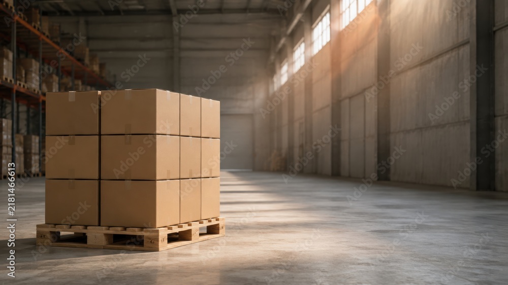 Obraz premium Stack of brown boxes on a wooden pallet inside a large warehouse during daylight