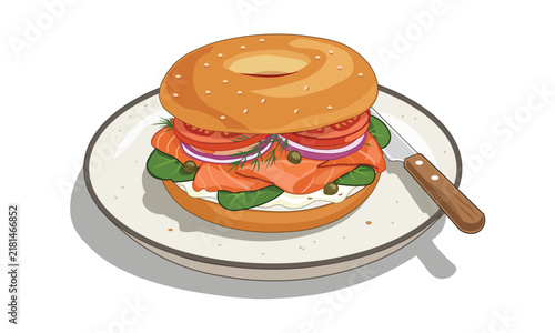Salmon Bagel Sandwich on Plate with Butter Knife Vector, Lox and Cream Cheese Breakfast Graphic, Smoked Salmon Bagel Plate Illustration, Cafe Brunch Food Graphic