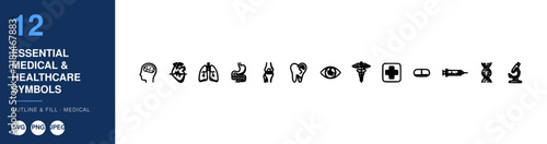 Medical Symbols Set with Outline and Fill Styles, Including Healthcare Icons, Medical Illustrations