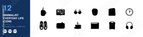 Minimalist Everyday Life Icons Set, Outline and Fill Style. Conceptual Illustration for Lifestyle Design