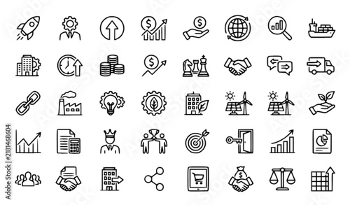 Business Economic Development and Entrepreneurship Thin Line Icon Set