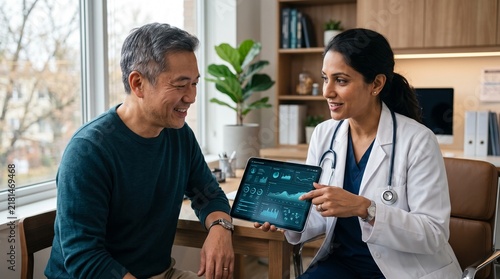 Doctor explaining medical test results showing digital health analytics data on a tablet screen to a smiling male patient during a consultation in a clinic office