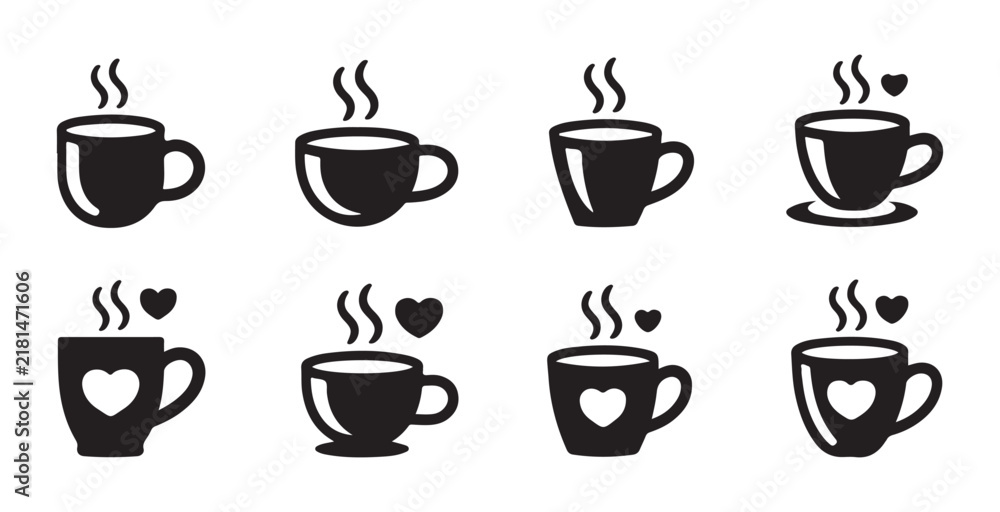 Fototapeta premium Coffee mug silhouettes with heart motifs and steam for romantic café branding and menu illustrations.