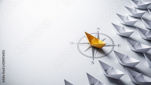 Yellow Paper Boat Leading White Paper Boats on Compass Rose, Isolated on White Background
