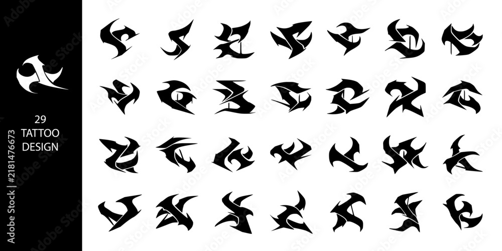 Fototapeta premium Cyberpunk tribal tattoo design set, 29 black abstract vector elements, neo-tribal graphic ornaments for streetwear and body art