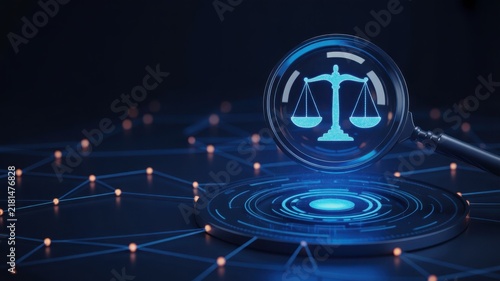 Legal technology concept with law scales under magnifying glass on blue connection network.