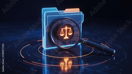 High-tech legal research and data discovery concept with scales of justice symbol