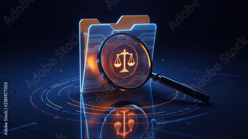 Digital legal investigation concept with glowing folder and magnifying glass on dark background