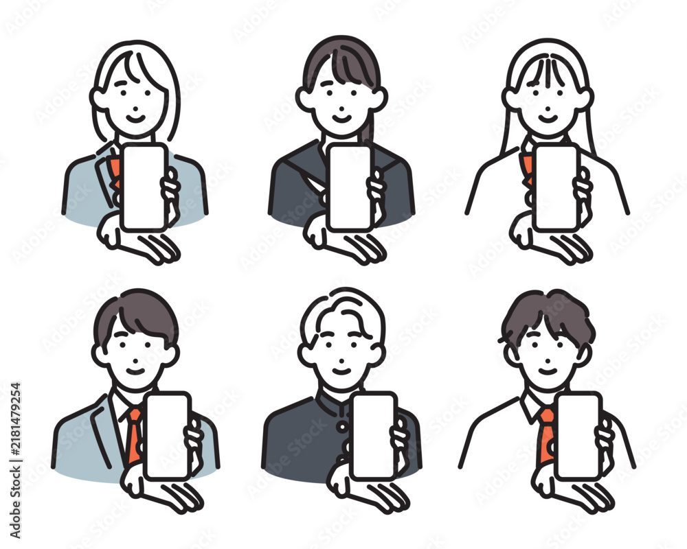 Fototapeta premium シンプル イラスト スマホの画面を見せて紹介する男女の学生6人セット ベクターイラスト
