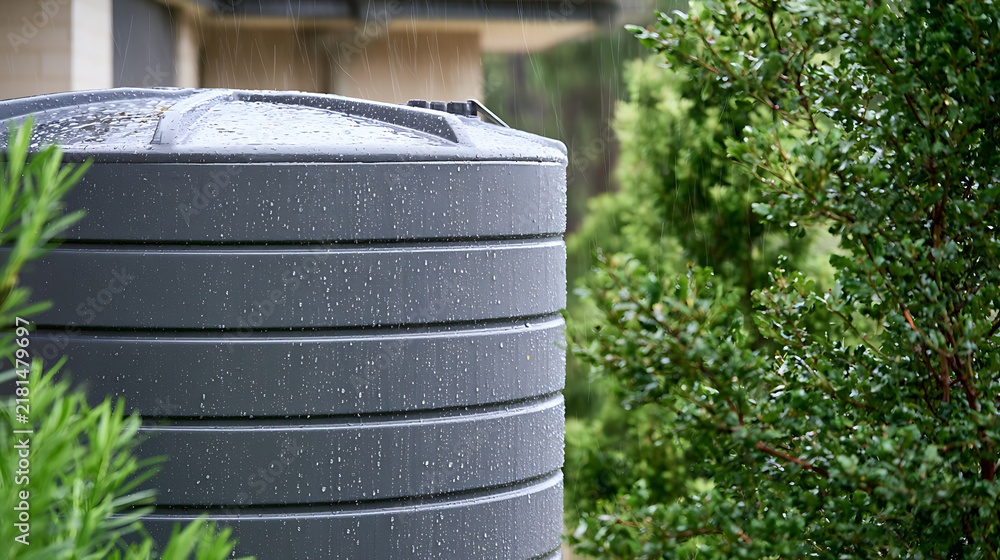 Obraz premium Large grey plastic water tank outdoors in a residential garden during a heavy rain storm, capturing sustainable eco friendly water system