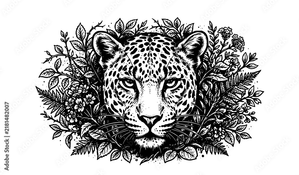 Fototapeta premium Leopard Head Botanical Emblem with Flowers and Tropical Leaves Vector Art