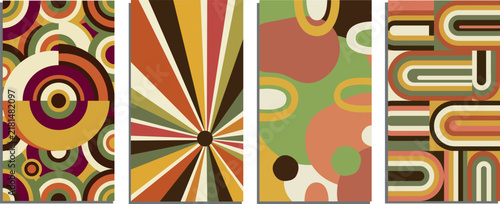 Set of four retro geometric abstract patterns with circles and lines in warm earth tone colors