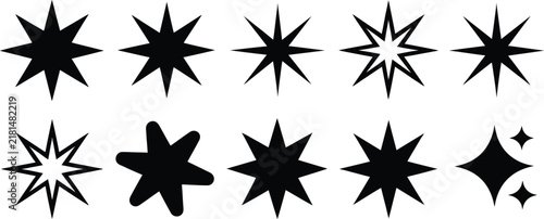 Assorted collection of black star shapes, sparkle and twinkling light symbols for decoration and festive accents isolated on a white background