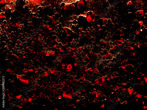 Abstract red and orange grunge texture with distressed speckles, rough organic details and high-contrast accents on a black background. Seamless-style artistic background for graphic design, posters.