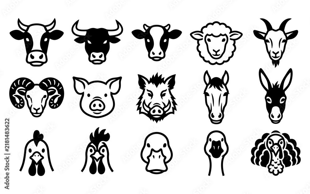 Obraz premium Collection of black and white animal head illustrations featuring farm and livestock creatures