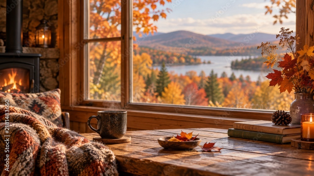 Fototapeta premium Cozy cabin interior with coffee books and autumn lake view