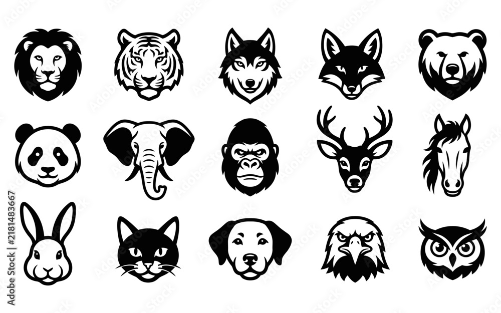 Fototapeta premium Collection of animal head illustrations including lion tiger bear and elephant