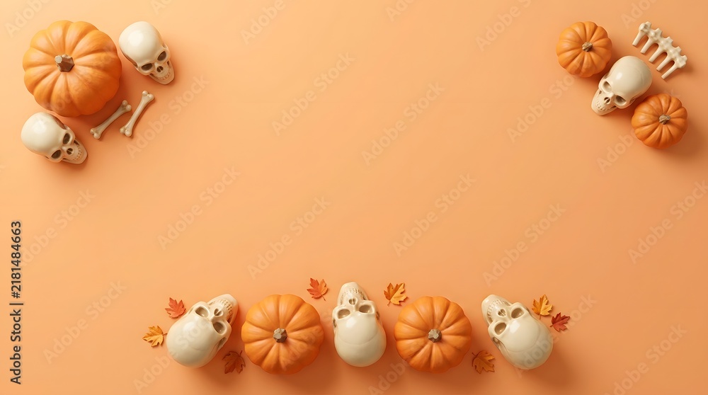 Fototapeta premium Flat lay composition of small pumpkins and human skulls on a solid orange background for halloween