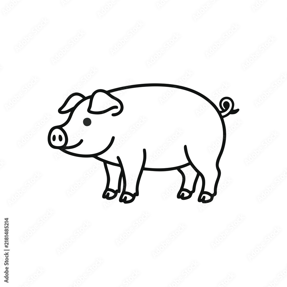 Obraz premium Simple black and white line art illustration of a cute pig standing.