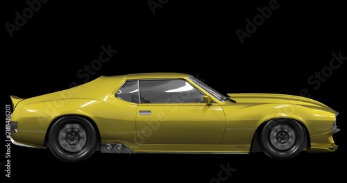 Side view of a yellow classic muscle car in a seamless 3D loop animation with alpha channel and 4K resolution.