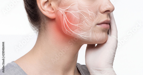 Trigeminal neuralgia facial nerve pain concept with medical illustration on patient cheek