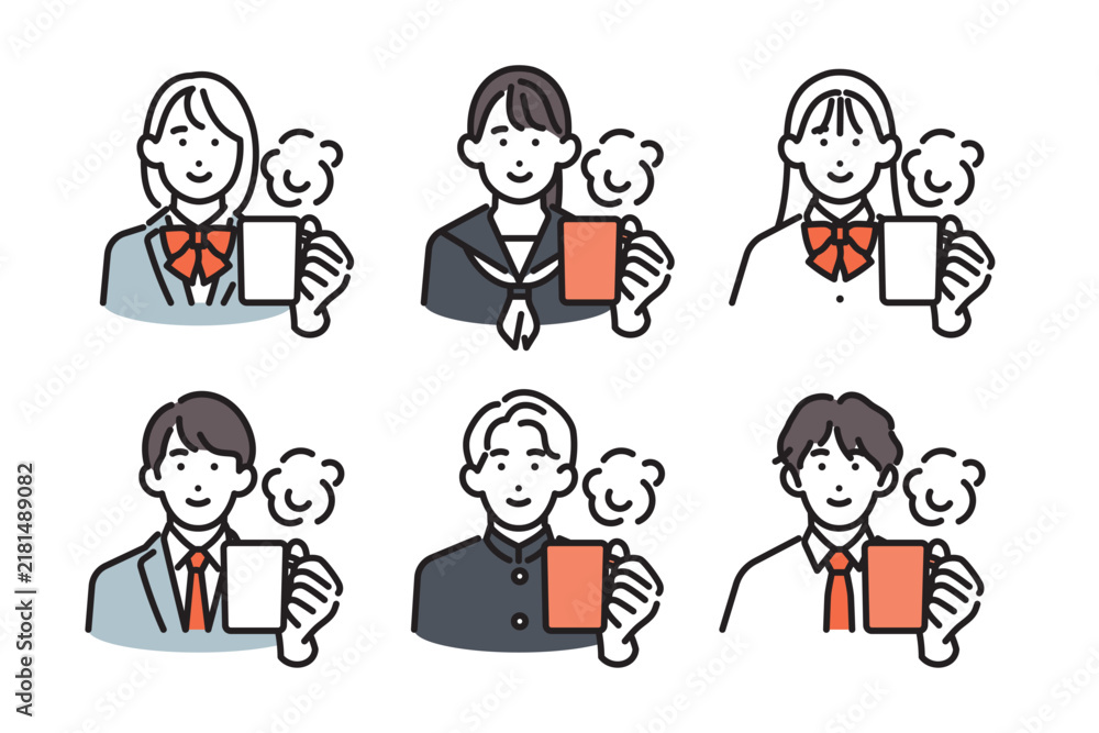 Fototapeta premium シンプル イラスト 温かい飲み物で体を温める男女の学生6人のベクターイラストセット