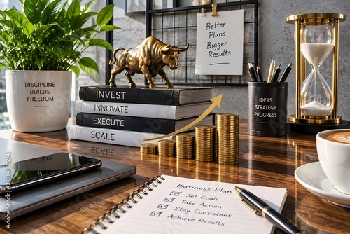 Bronze bull statue on labeled book stack with gold coin chart on wooden table