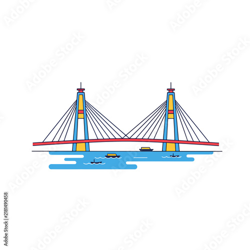 Cable-Stayed Bridge Vector Flat Illustration Landmark Over River Isolated White
