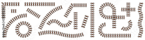 Railway train track elements set. Railroad with straight, curved, crossing and circular rails.