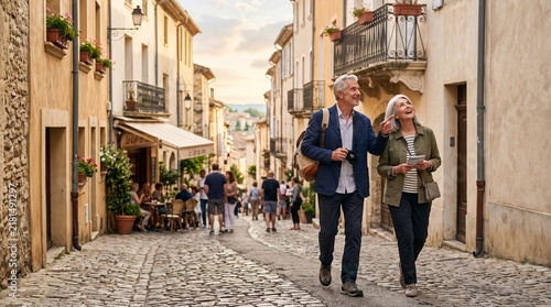 Active senior couple exploring a charming European town on foot, healthy retirement travel, independent aging, local experiences and active lifestyle