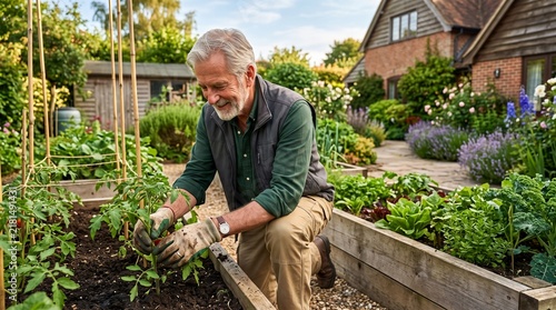 Active senior man gardening in a backyard vegetable garden, healthy retirement, nature connection, physical activity, wellbeing and longevity