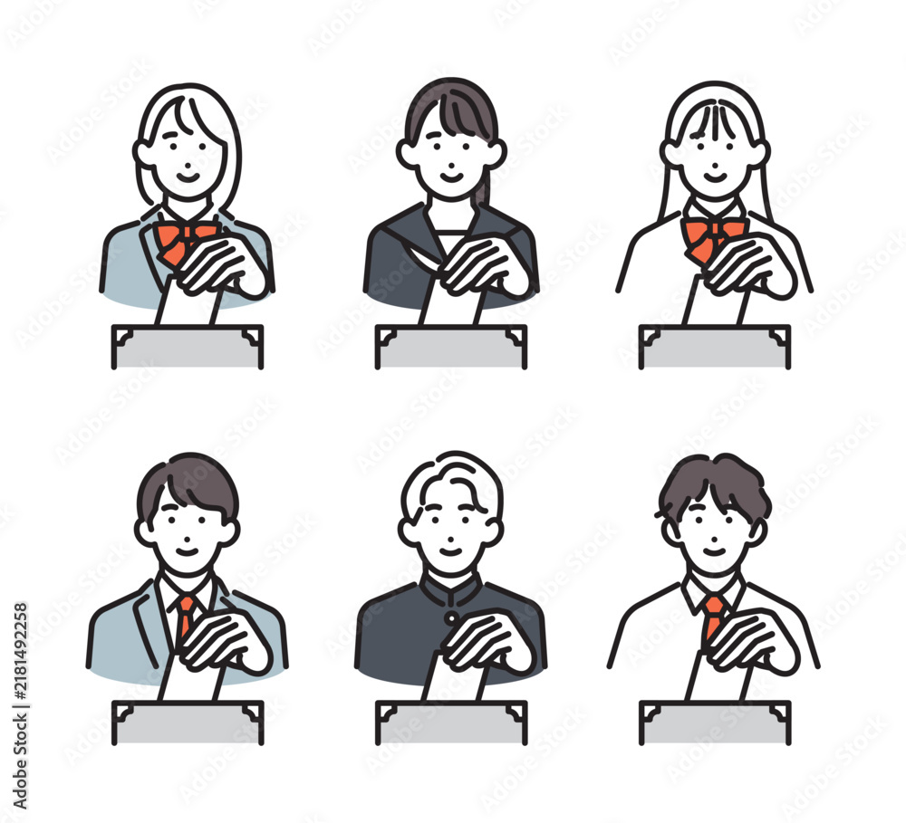 Fototapeta premium シンプル イラスト 選挙で投票する男女の学生6人のベクターイラストセット