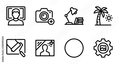 Photography Icons Set: Camera, Portrait, Desk Lamp, Palm Tree, Paint Roller, Gear