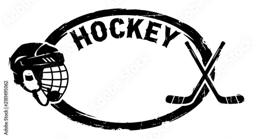 Photography Hockey helmet and crossed sticks with oval frame in distressed stamp style