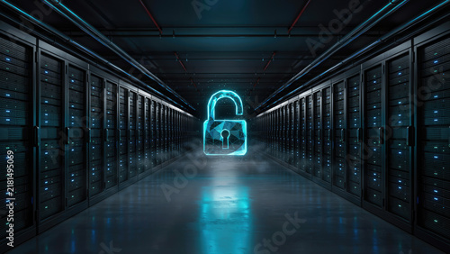 A glowing digital padlock floating in the center of a high tech modern server room aisle with dark corridor professional luminous cyber security web