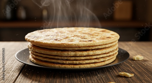 Stack of freshly baked hot steaming flatbreads on a rustic wooden table.