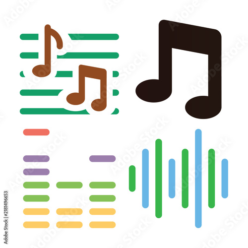 Colorful music notes and equalizer bars icon set