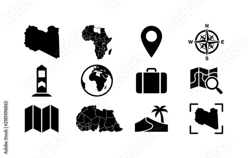 Libya Geography Map, solid glyph icon set featuring Libya map silhouette, Africa map, location pin, compass, border marker, globe, travel suitcase, cartography symbol, covering Libya, country map,