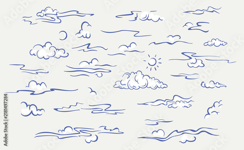 Blue ink clouds set in cartoon anime manga line style. Vector comic cloudscapes isolated on white background