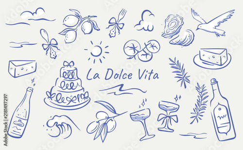 Trendy food illustrations in blue linear doodle style. Mediterranean vector sketch design elements isolated