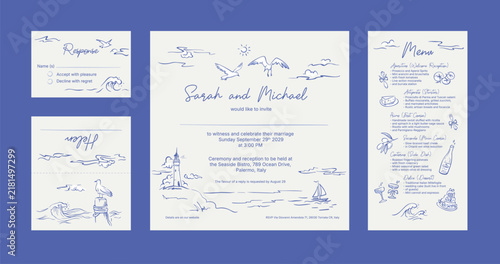 Foto Nautical hand drawn wedding invitation and menu customisable template set