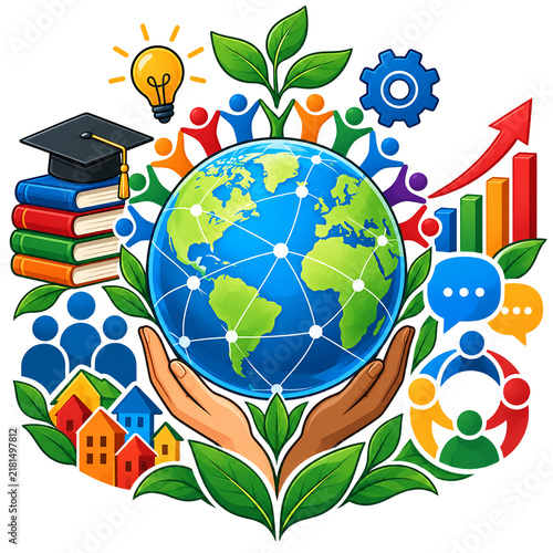 Hands hold a digital globe surrounded by icons representing green ecology, community, education, and sustainable development.